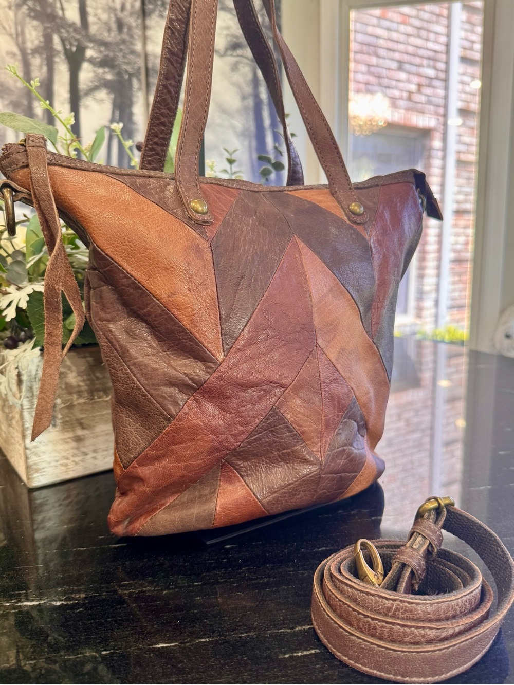 🤎Lucky Brand Leather Patchwork Convertible Tote Crossbody Bag Brown - Picture 10 of 11